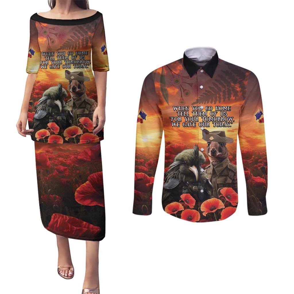 Kangaroo and Kiwi Soldier ANZAC Couples Matching Puletasi and Long Sleeve Button Shirt The Last War Memorial