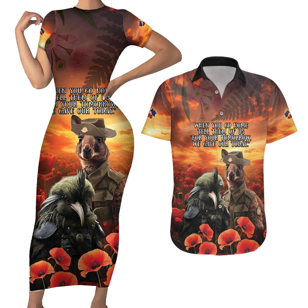 Kangaroo and Kiwi Soldier ANZAC Couples Matching Short Sleeve Bodycon Dress and Hawaiian Shirt The Last War Memorial
