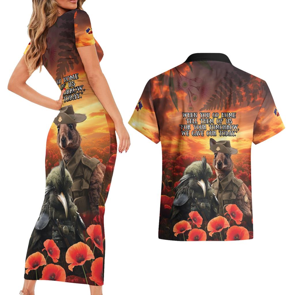 Kangaroo and Kiwi Soldier ANZAC Couples Matching Short Sleeve Bodycon Dress and Hawaiian Shirt The Last War Memorial