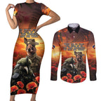 Kangaroo and Kiwi Soldier ANZAC Couples Matching Short Sleeve Bodycon Dress and Long Sleeve Button Shirt The Last War Memorial
