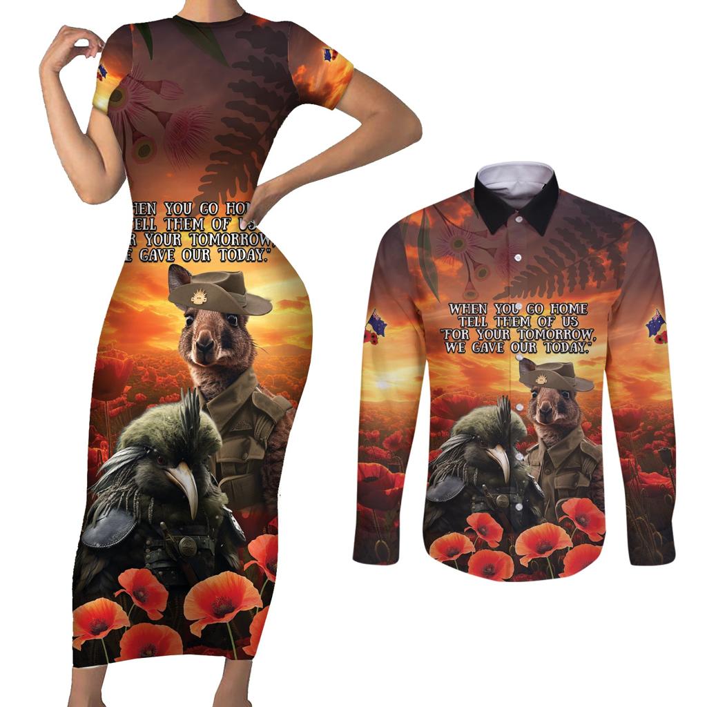 Kangaroo and Kiwi Soldier ANZAC Couples Matching Short Sleeve Bodycon Dress and Long Sleeve Button Shirt The Last War Memorial