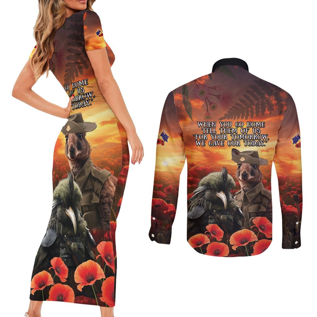 Kangaroo and Kiwi Soldier ANZAC Couples Matching Short Sleeve Bodycon Dress and Long Sleeve Button Shirt The Last War Memorial