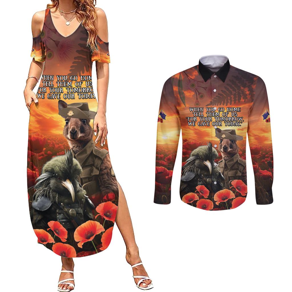 Kangaroo and Kiwi Soldier ANZAC Couples Matching Summer Maxi Dress and Long Sleeve Button Shirt The Last War Memorial