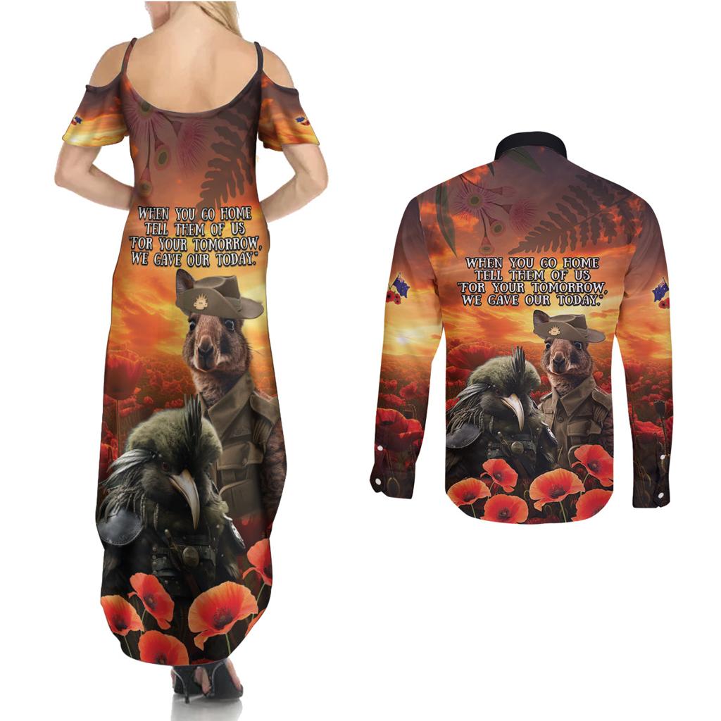 Kangaroo and Kiwi Soldier ANZAC Couples Matching Summer Maxi Dress and Long Sleeve Button Shirt The Last War Memorial