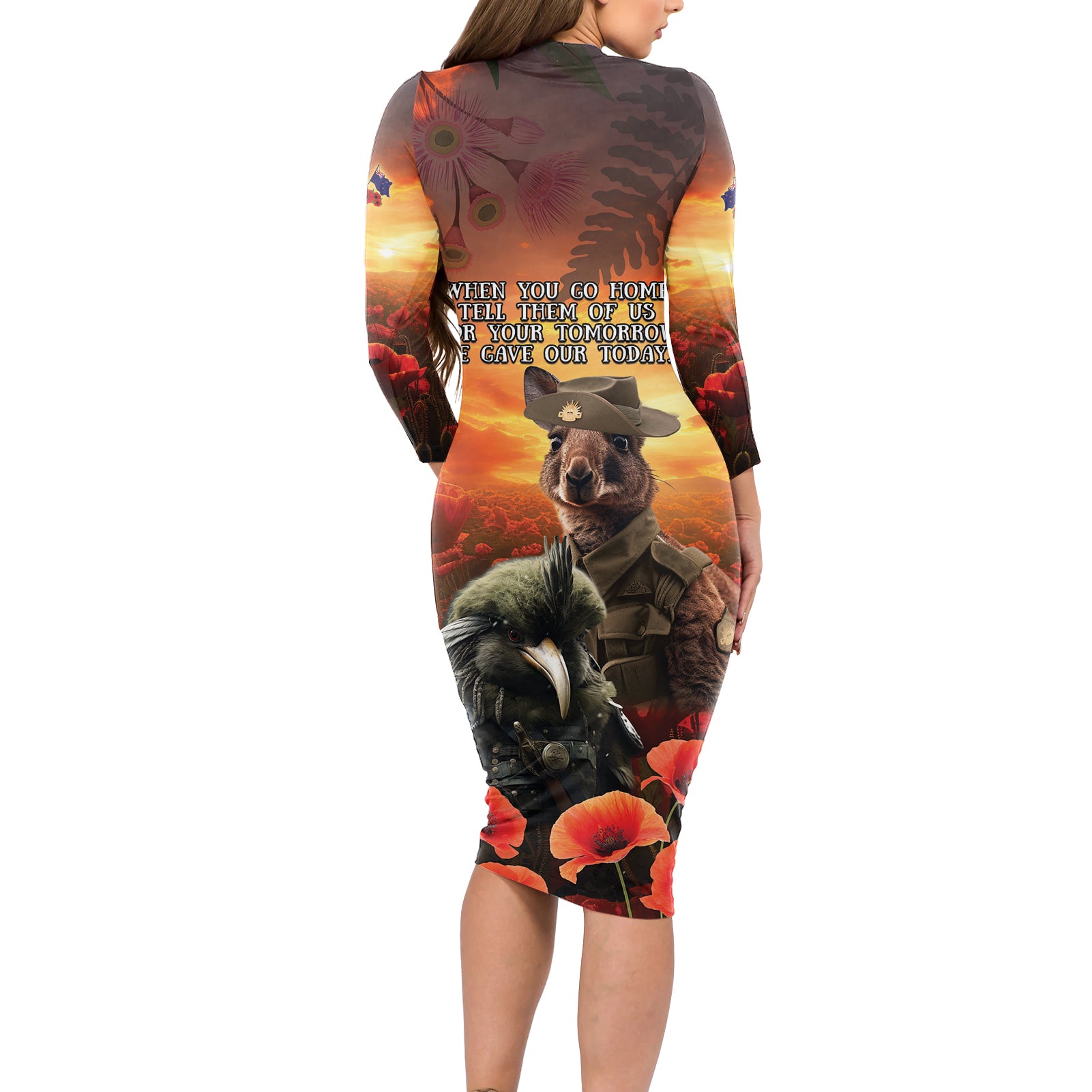 Kangaroo and Kiwi Soldier ANZAC Long Sleeve Bodycon Dress The Last War Memorial