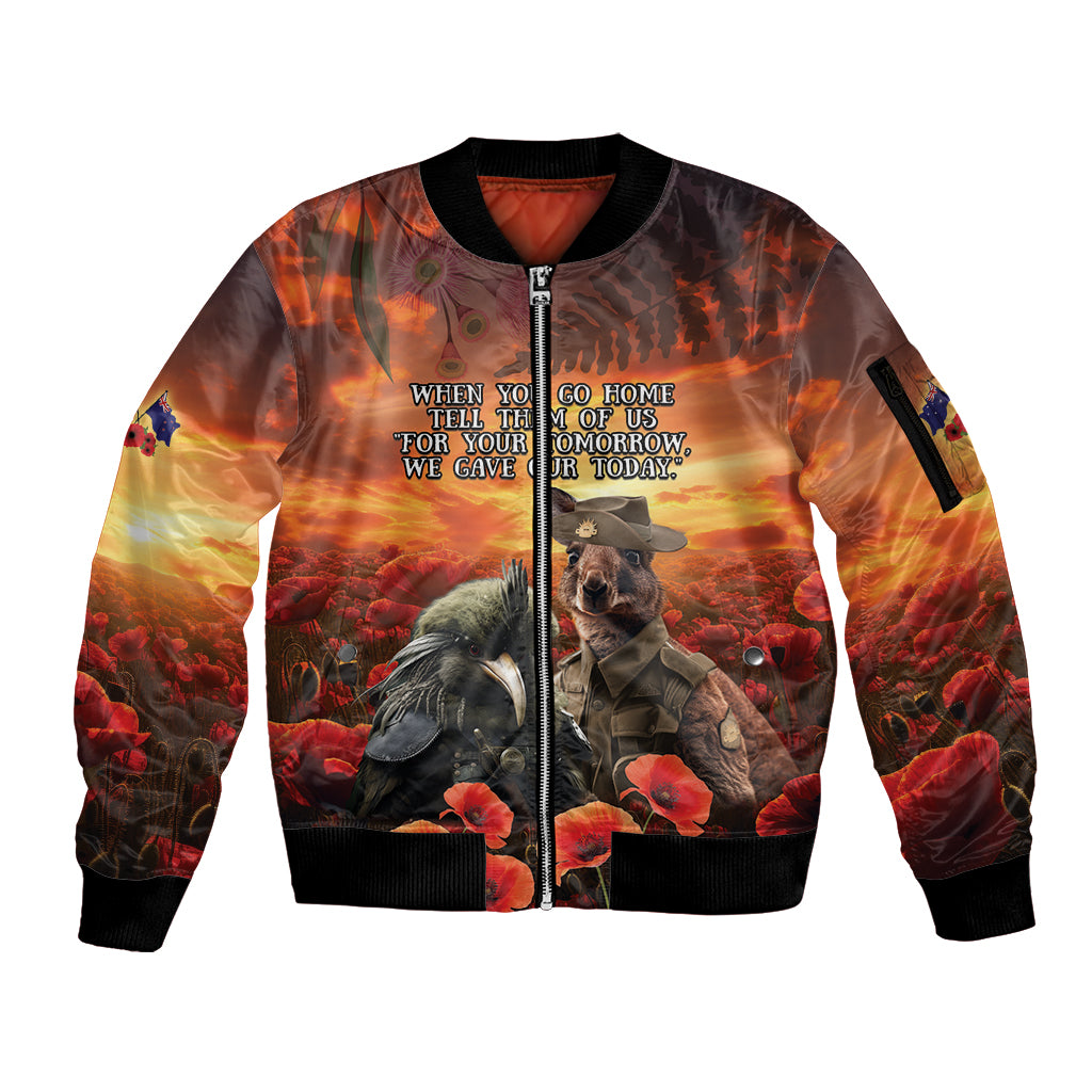 Kangaroo and Kiwi Soldier ANZAC Sleeve Zip Bomber Jacket The Last War Memorial