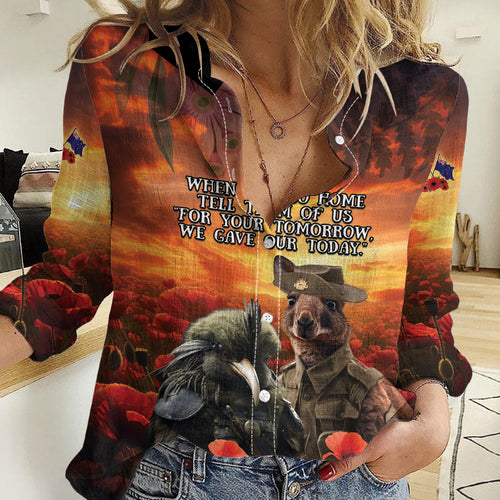 Kangaroo and Kiwi Soldier ANZAC Women Casual Shirt The Last War Memorial
