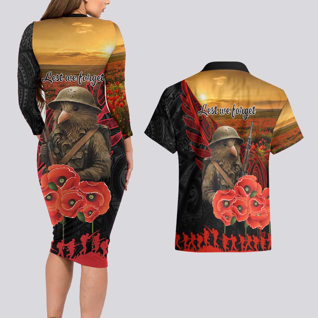 Maori Kiwi Soldier Fern Tattoo ANZAC Day Couples Matching Long Sleeve Bodycon Dress and Hawaiian Shirt Lest We Forget