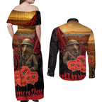 Maori Kiwi Soldier Fern Tattoo ANZAC Day Couples Matching Off Shoulder Maxi Dress and Long Sleeve Button Shirt Lest We Forget