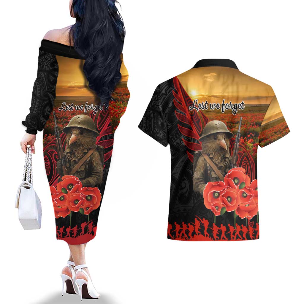 Maori Kiwi Soldier Fern Tattoo ANZAC Day Couples Matching Off The Shoulder Long Sleeve Dress and Hawaiian Shirt Lest We Forget