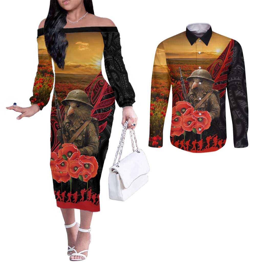 Maori Kiwi Soldier Fern Tattoo ANZAC Day Couples Matching Off The Shoulder Long Sleeve Dress and Long Sleeve Button Shirt Lest We Forget