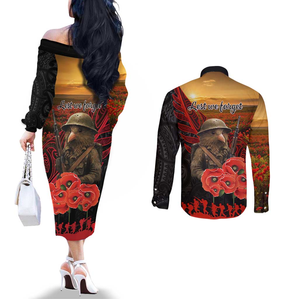 Maori Kiwi Soldier Fern Tattoo ANZAC Day Couples Matching Off The Shoulder Long Sleeve Dress and Long Sleeve Button Shirt Lest We Forget