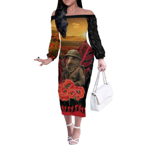 Maori Kiwi Soldier Fern Tattoo ANZAC Day Family Matching Off The Shoulder Long Sleeve Dress and Hawaiian Shirt Lest We Forget