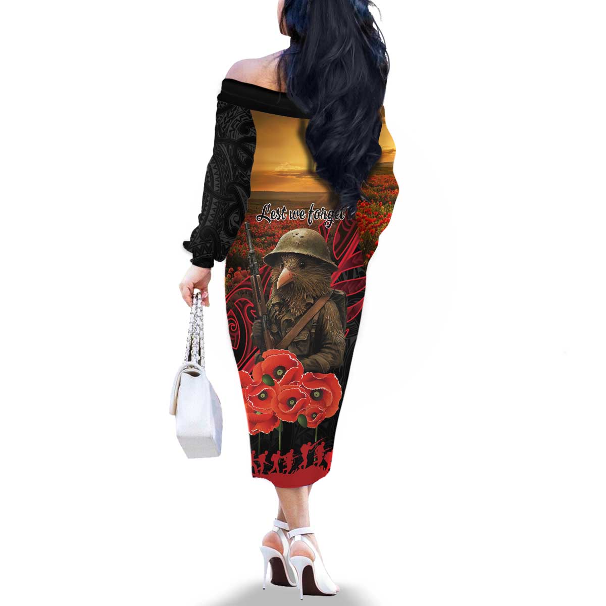 Maori Kiwi Soldier Fern Tattoo ANZAC Day Family Matching Off The Shoulder Long Sleeve Dress and Hawaiian Shirt Lest We Forget