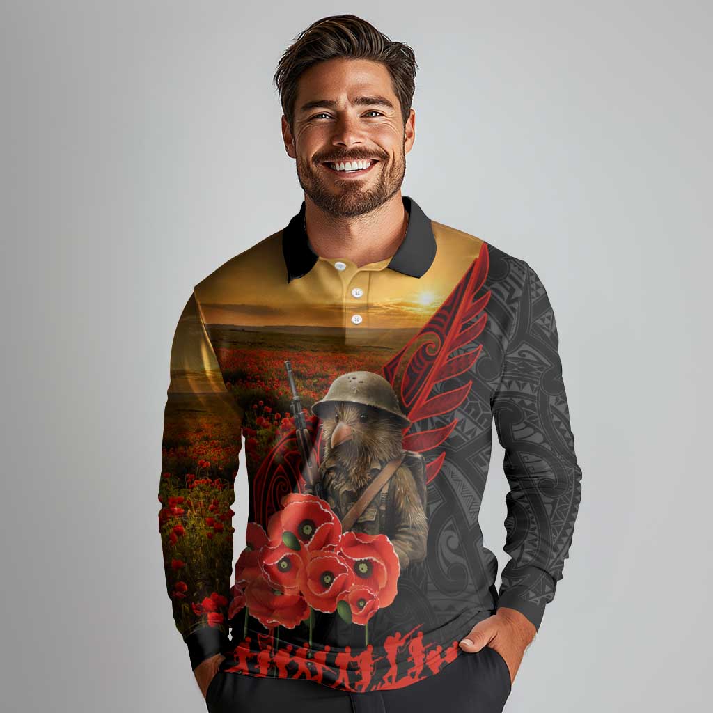 Maori Kiwi Soldier Fern Tattoo ANZAC Day Long Sleeve Polo Shirt Lest We Forget