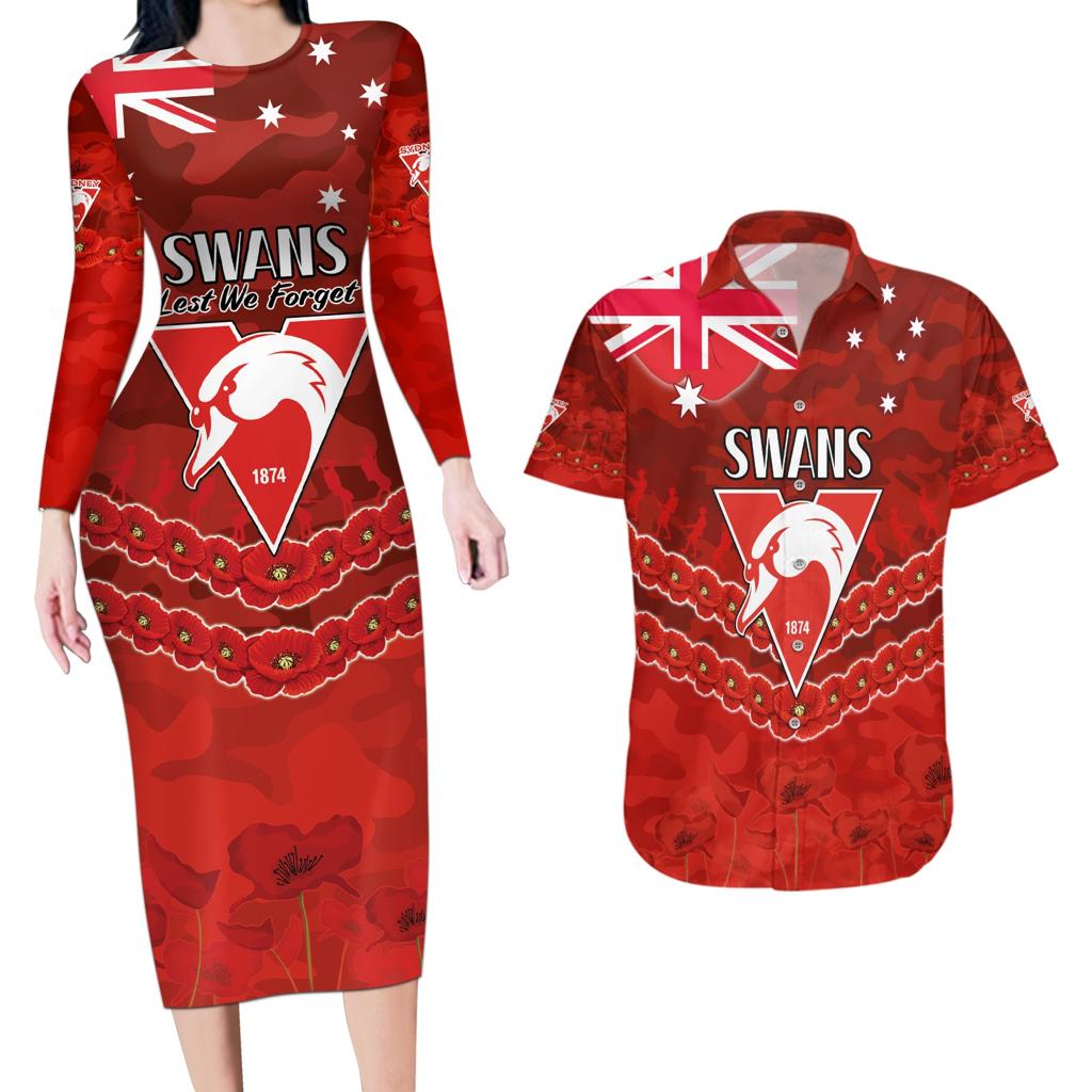 Custom Swans Football Couples Matching Long Sleeve Bodycon Dress and Hawaiian Shirt ANZAC Lest We Forget