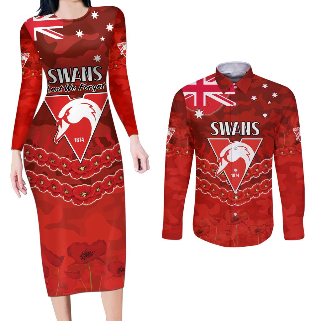 Custom Swans Football Couples Matching Long Sleeve Bodycon Dress and Long Sleeve Button Shirt ANZAC Lest We Forget