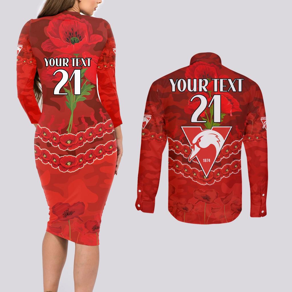 Custom Swans Football Couples Matching Long Sleeve Bodycon Dress and Long Sleeve Button Shirt ANZAC Lest We Forget