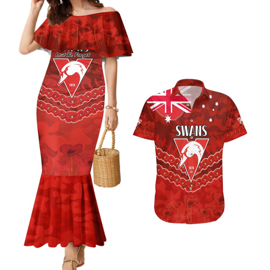Custom Swans Football Couples Matching Mermaid Dress and Hawaiian Shirt ANZAC Lest We Forget