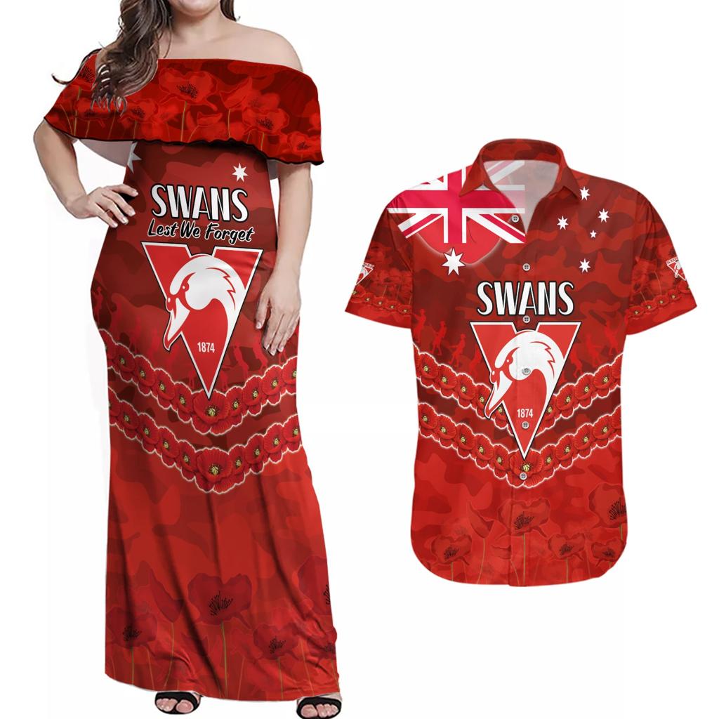 Custom Swans Football Couples Matching Off Shoulder Maxi Dress and Hawaiian Shirt ANZAC Lest We Forget