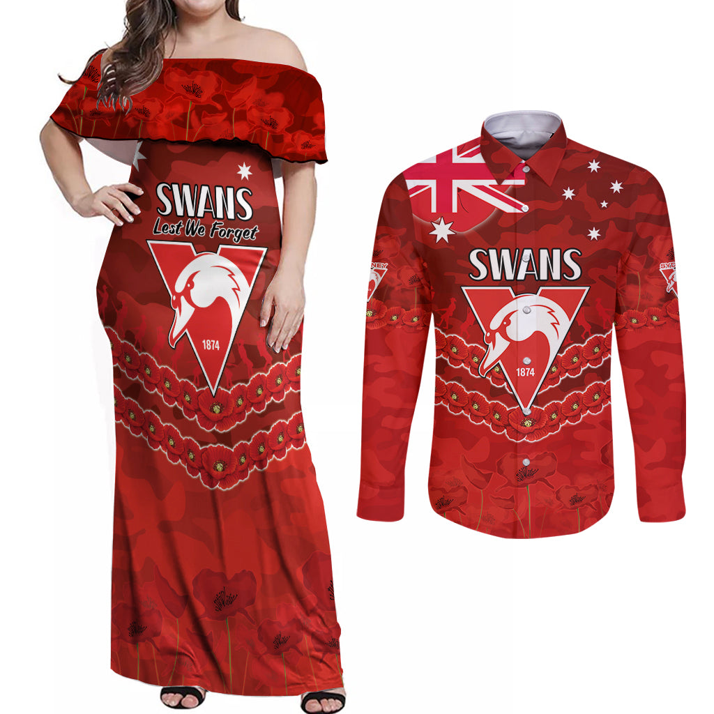 Custom Swans Football Couples Matching Off Shoulder Maxi Dress and Long Sleeve Button Shirt ANZAC Lest We Forget