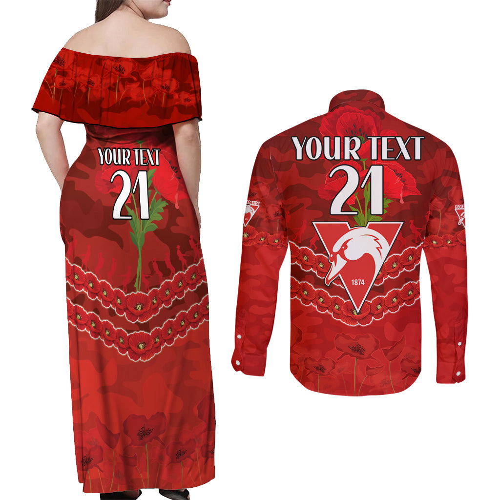 Custom Swans Football Couples Matching Off Shoulder Maxi Dress and Long Sleeve Button Shirt ANZAC Lest We Forget