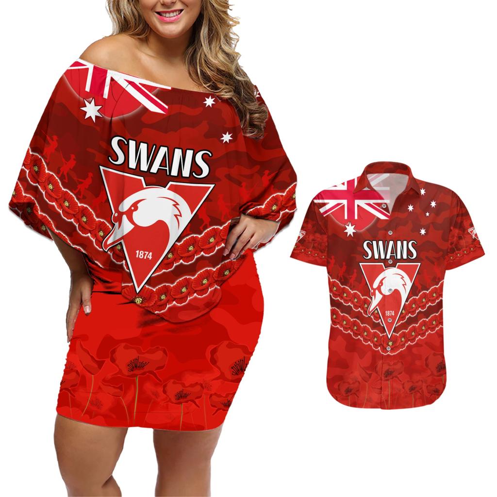 Custom Swans Football Couples Matching Off Shoulder Short Dress and Hawaiian Shirt ANZAC Lest We Forget