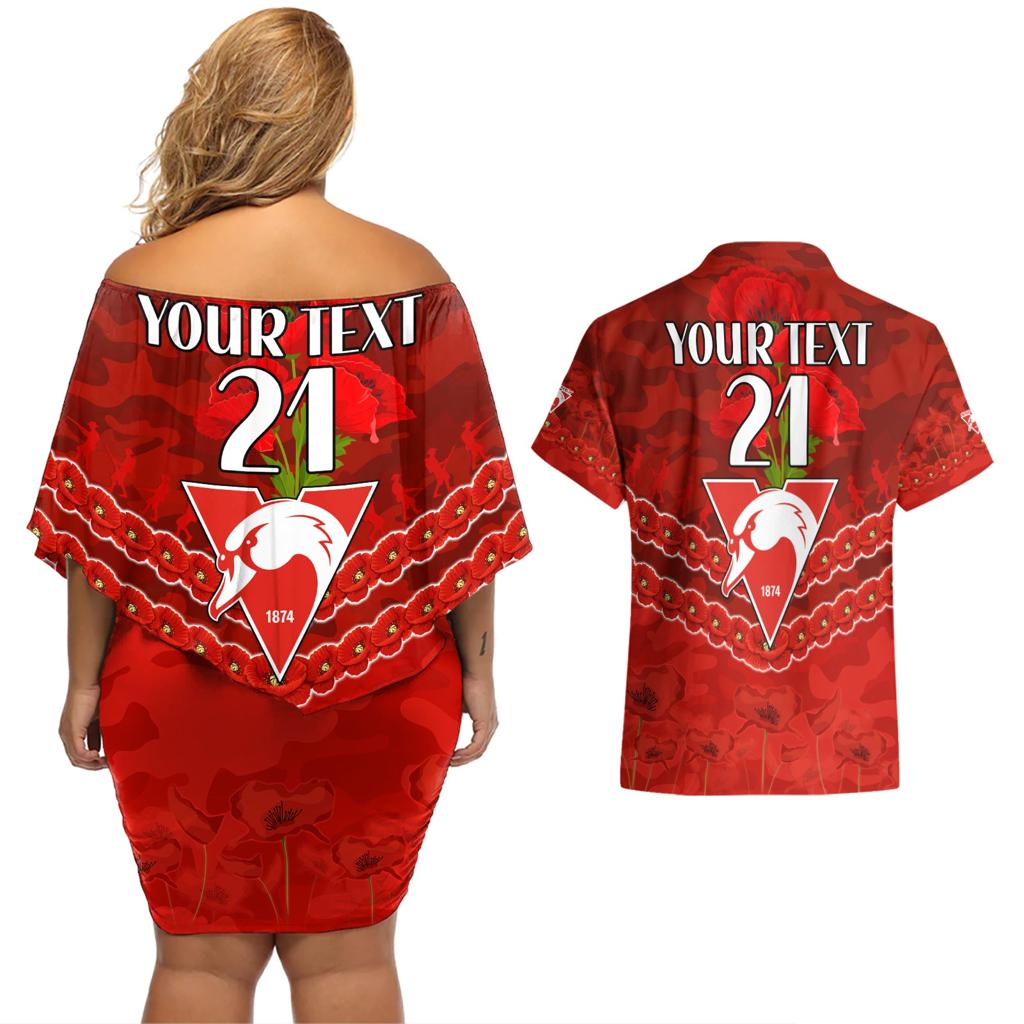Custom Swans Football Couples Matching Off Shoulder Short Dress and Hawaiian Shirt ANZAC Lest We Forget
