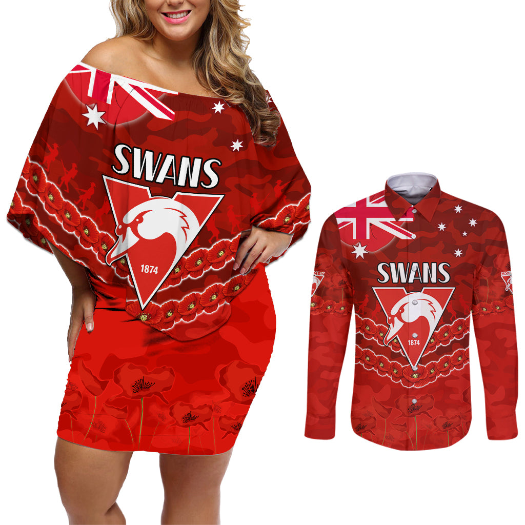 Custom Swans Football Couples Matching Off Shoulder Short Dress and Long Sleeve Button Shirt ANZAC Lest We Forget