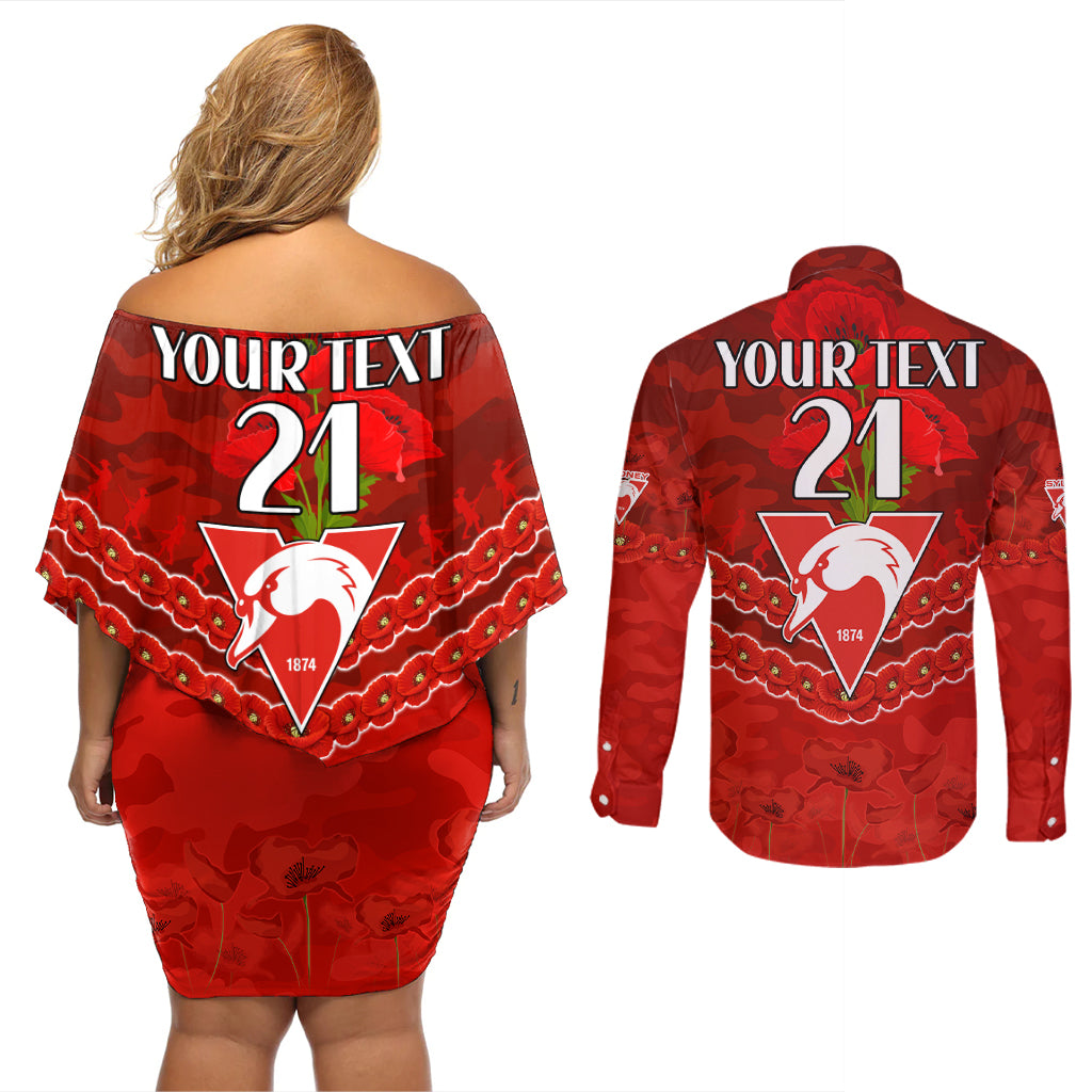 Custom Swans Football Couples Matching Off Shoulder Short Dress and Long Sleeve Button Shirt ANZAC Lest We Forget