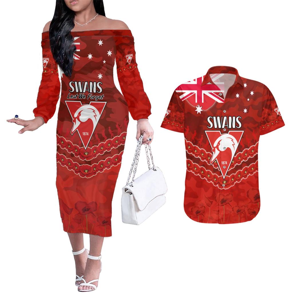 Custom Swans Football Couples Matching Off The Shoulder Long Sleeve Dress and Hawaiian Shirt ANZAC Lest We Forget