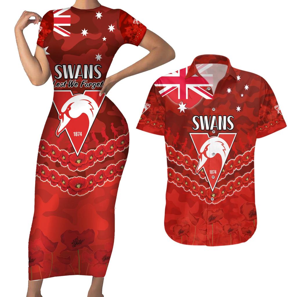 Custom Swans Football Couples Matching Short Sleeve Bodycon Dress and Hawaiian Shirt ANZAC Lest We Forget