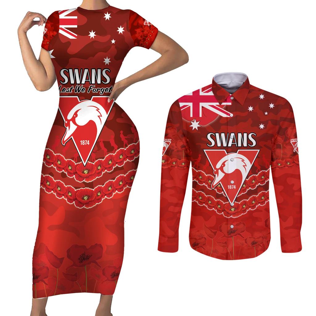 Custom Swans Football Couples Matching Short Sleeve Bodycon Dress and Long Sleeve Button Shirt ANZAC Lest We Forget