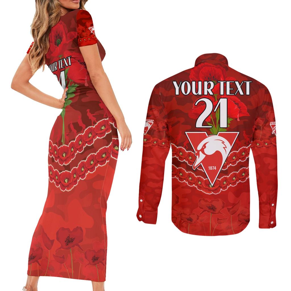 Custom Swans Football Couples Matching Short Sleeve Bodycon Dress and Long Sleeve Button Shirt ANZAC Lest We Forget