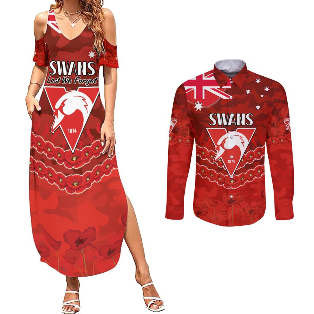 Custom Swans Football Couples Matching Summer Maxi Dress and Long Sleeve Button Shirt ANZAC Lest We Forget