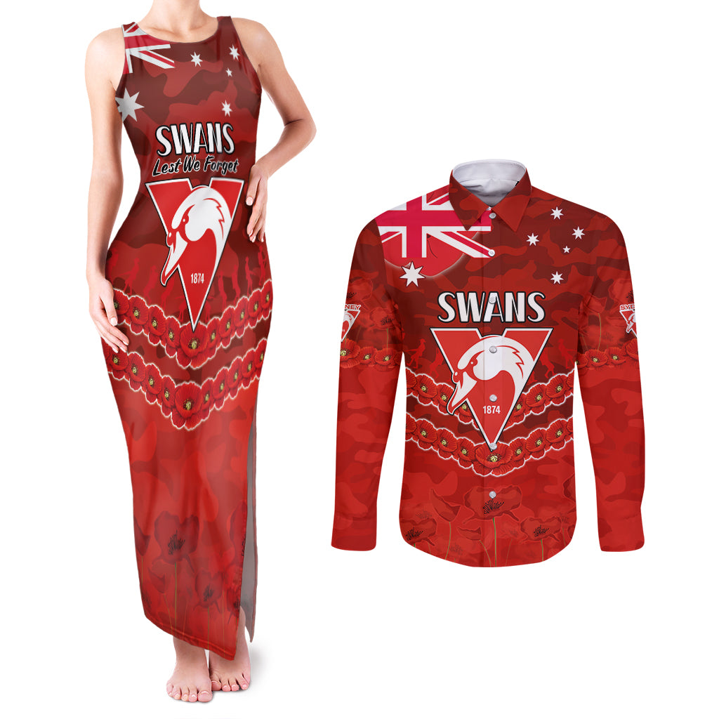 Custom Swans Football Couples Matching Tank Maxi Dress and Long Sleeve Button Shirt ANZAC Lest We Forget