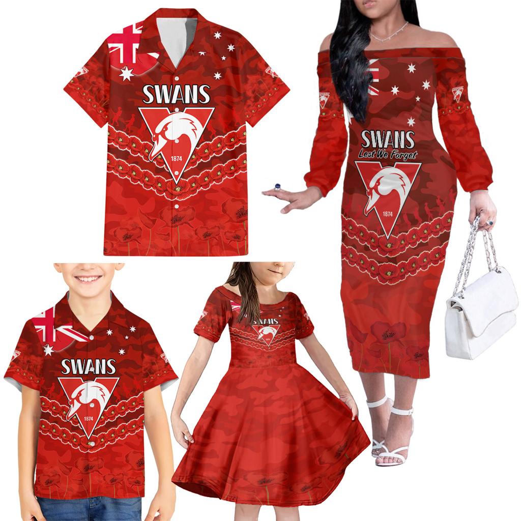 Custom Swans Football Family Matching Off The Shoulder Long Sleeve Dress and Hawaiian Shirt ANZAC Lest We Forget