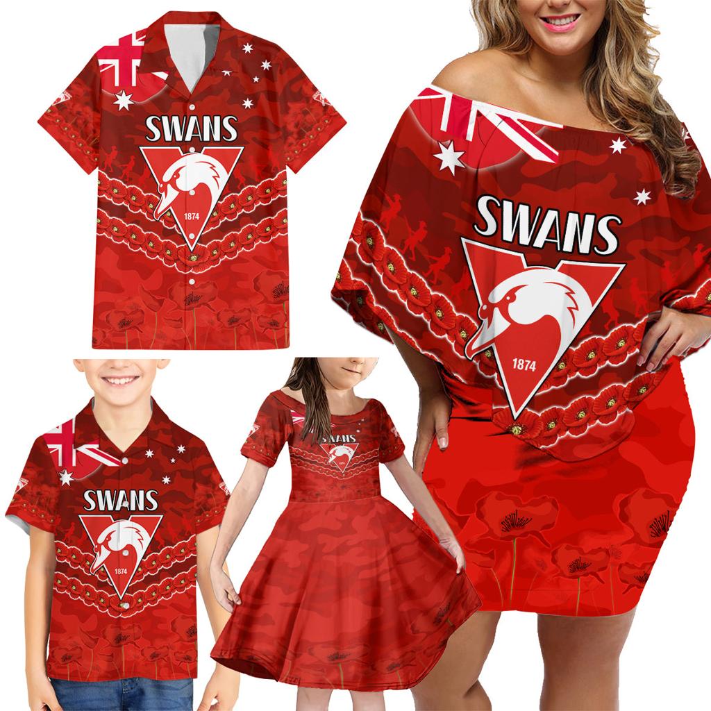 Custom Swans Football Family Matching Off Shoulder Short Dress and Hawaiian Shirt ANZAC Lest We Forget