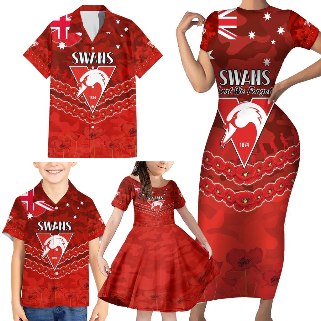 Custom Swans Football Family Matching Short Sleeve Bodycon Dress and Hawaiian Shirt ANZAC Lest We Forget