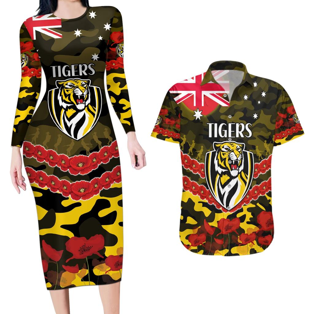 Custom Richmond Tigers Football Couples Matching Long Sleeve Bodycon Dress and Hawaiian Shirt ANZAC Lest We Forget