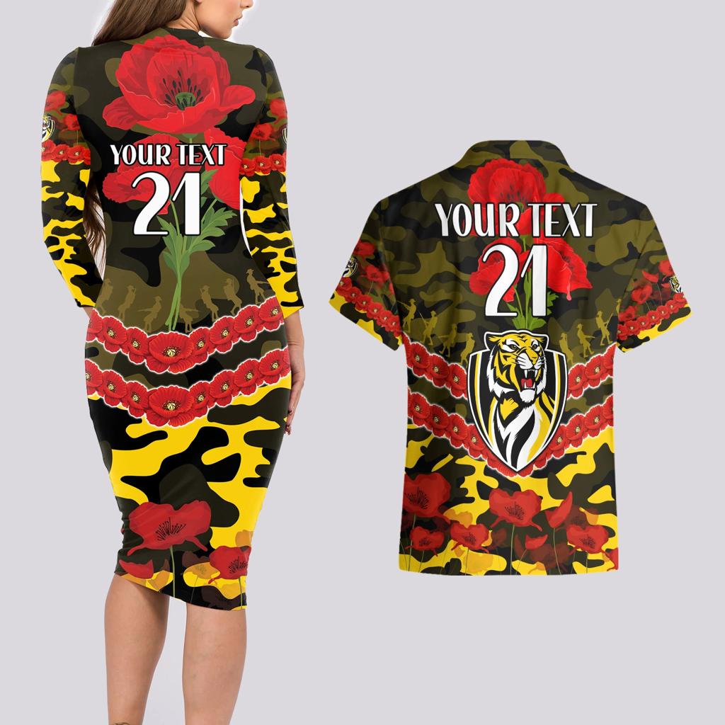 Custom Richmond Tigers Football Couples Matching Long Sleeve Bodycon Dress and Hawaiian Shirt ANZAC Lest We Forget