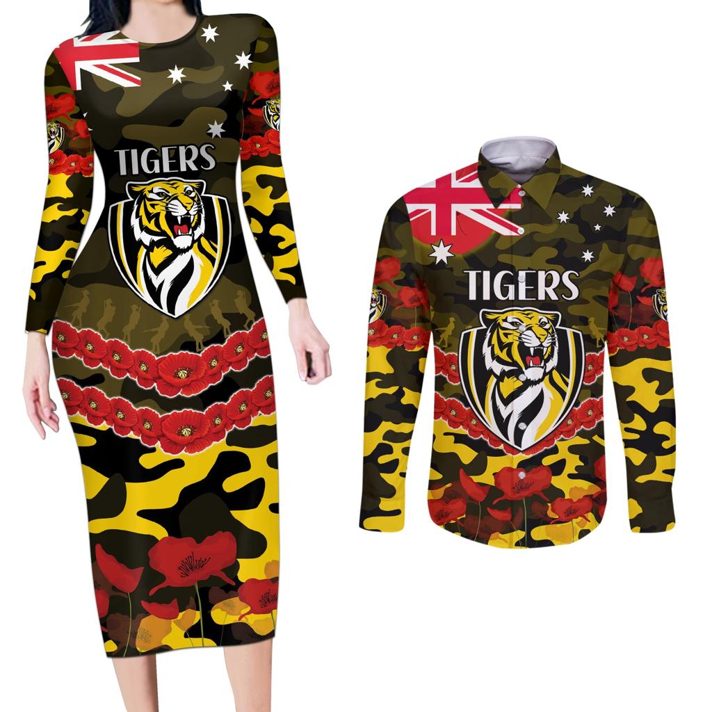 Custom Richmond Tigers Football Couples Matching Long Sleeve Bodycon Dress and Long Sleeve Button Shirt ANZAC Lest We Forget