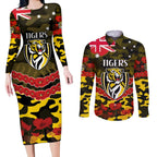Custom Richmond Tigers Football Couples Matching Long Sleeve Bodycon Dress and Long Sleeve Button Shirt ANZAC Lest We Forget