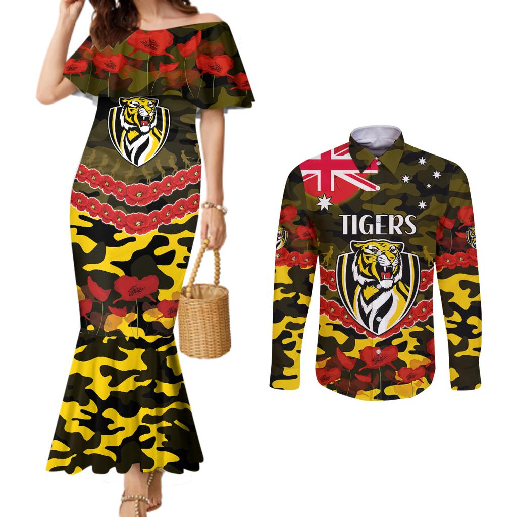 Custom Richmond Tigers Football Couples Matching Mermaid Dress and Long Sleeve Button Shirt ANZAC Lest We Forget