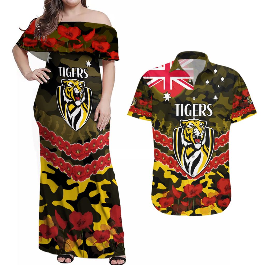 Custom Richmond Tigers Football Couples Matching Off Shoulder Maxi Dress and Hawaiian Shirt ANZAC Lest We Forget