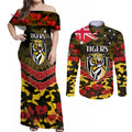 Custom Richmond Tigers Football Couples Matching Off Shoulder Maxi Dress and Long Sleeve Button Shirt ANZAC Lest We Forget