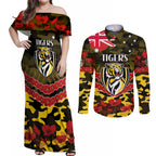 Custom Richmond Tigers Football Couples Matching Off Shoulder Maxi Dress and Long Sleeve Button Shirt ANZAC Lest We Forget