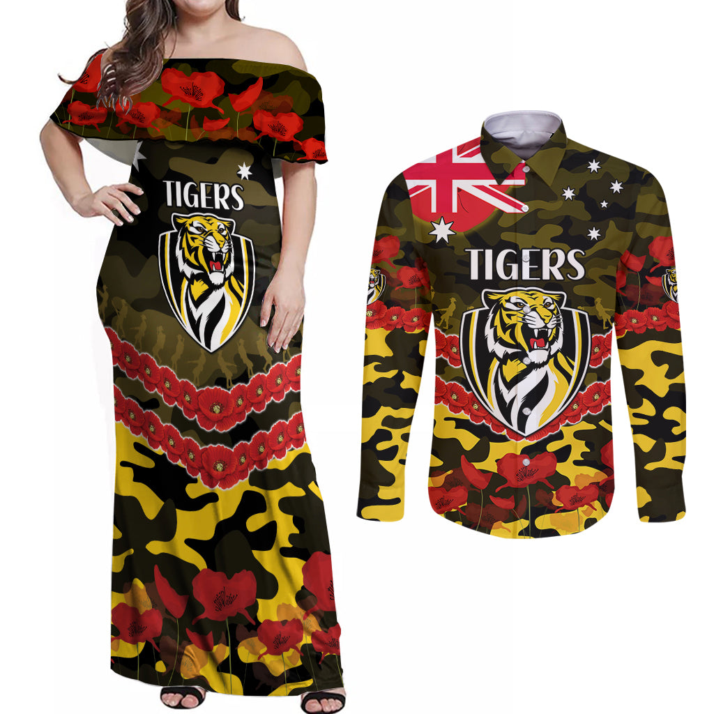 Custom Richmond Tigers Football Couples Matching Off Shoulder Maxi Dress and Long Sleeve Button Shirt ANZAC Lest We Forget