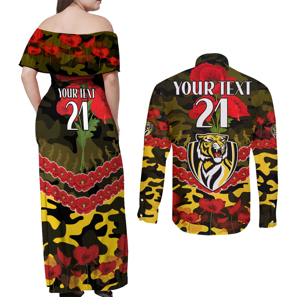 Custom Richmond Tigers Football Couples Matching Off Shoulder Maxi Dress and Long Sleeve Button Shirt ANZAC Lest We Forget