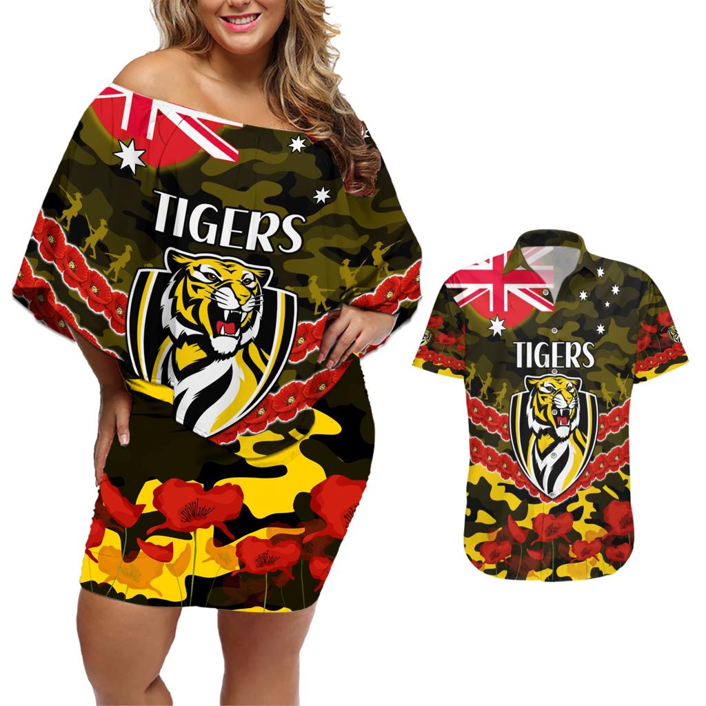 Custom Richmond Tigers Football Couples Matching Off Shoulder Short Dress and Hawaiian Shirt ANZAC Lest We Forget